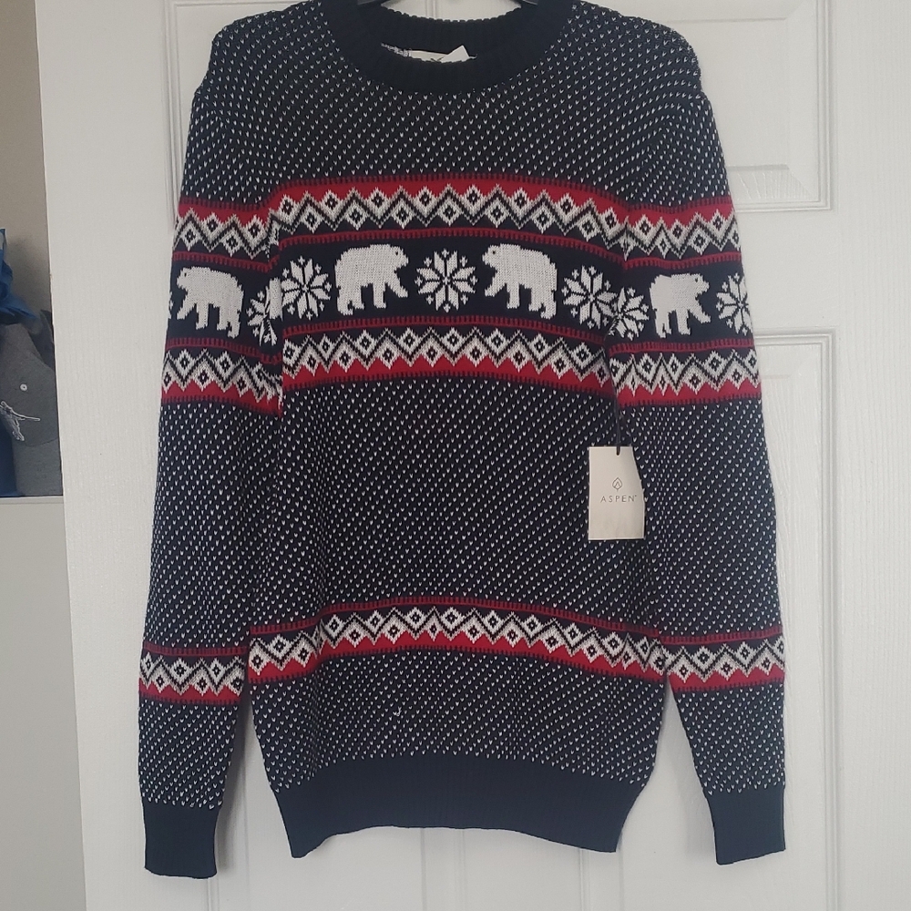 Aspen men"s/ Unisex Festive Navy Sweater with Red and White Patterns